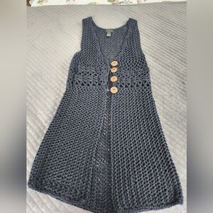 Pure Handknit Navy Blue Knit Vest with Wooden Buttons